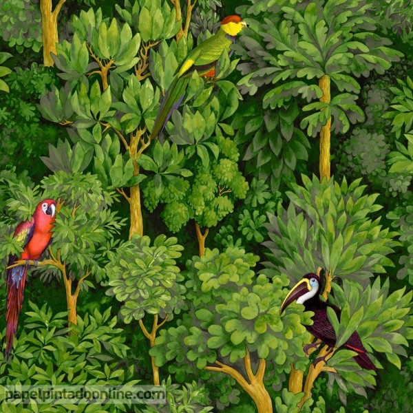 Papel pintado naturaleza tropical verde con aves del paraíso 91250