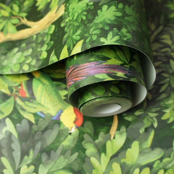 Papel de parede de natureza tropical verde com pássaros do paraíso 91250