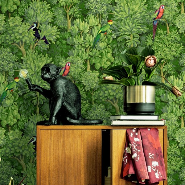 Papel de parede de natureza tropical verde com pássaros do paraíso 91250