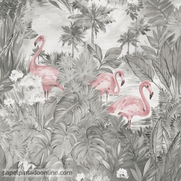 Papel pintado flamencos rosas naturaleza tropical 91261