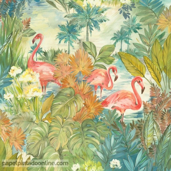 Papel de parede de flamingos com paisagem tropical para decoração de parede 91260