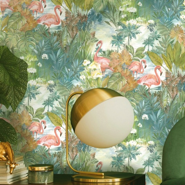 Papel pintado flamencos con paisaje tropical para decoración de paredes 91260 Papel pintado flamencos con paisaje tropical para decoración de paredes 91260