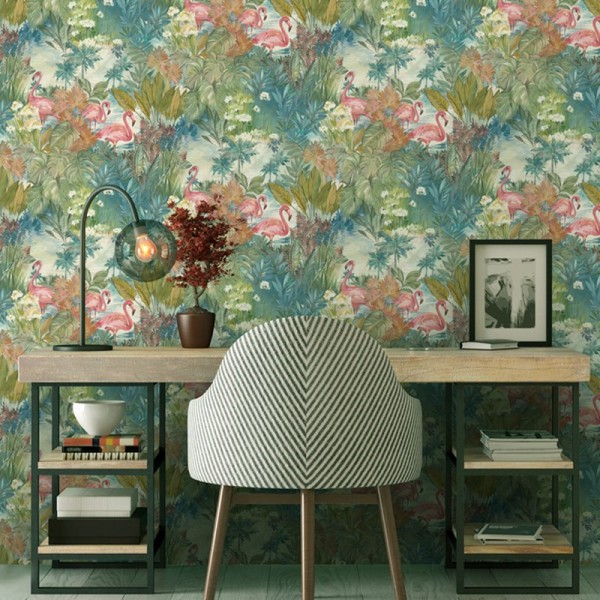 Papel pintado flamencos con paisaje tropical para decoración de paredes 91260 Papel pintado flamencos con paisaje tropical para decoración de paredes 91260