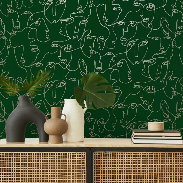 Papel pintado rostros de persona dorado fondo verde 91270