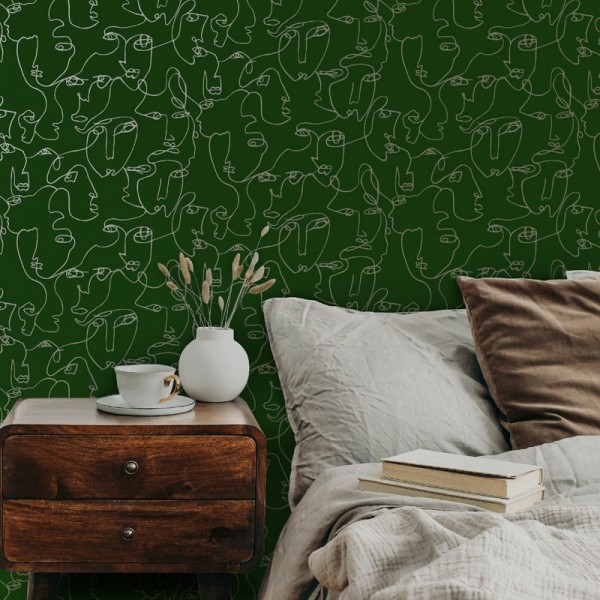 Papel pintado rostros de persona dorado fondo verde 91270