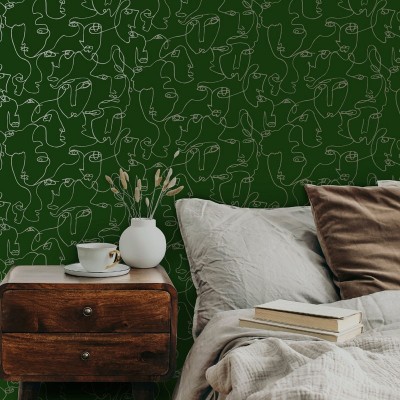 Papel pintado rostros de persona dorado fondo verde 91270