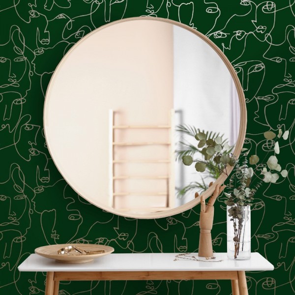 Papel pintado rostros de persona dorado fondo verde 91270