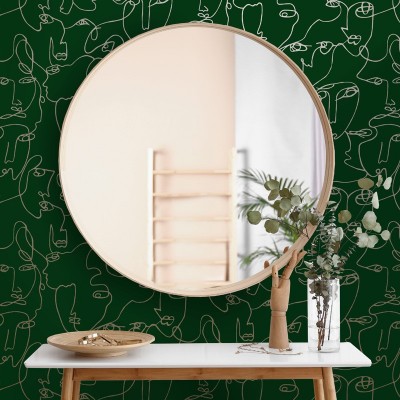 Papel pintado rostros de persona dorado fondo verde 91270