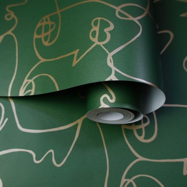 Papel pintado rostros de persona dorado fondo verde 91270