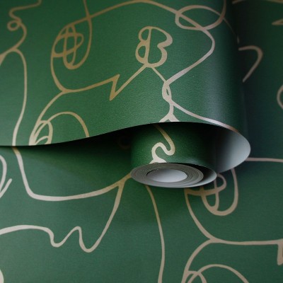 Papel pintado rostros de persona dorado fondo verde 91270
