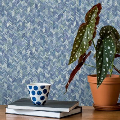 Papel pintado textura tejido azul verde plateado 91291