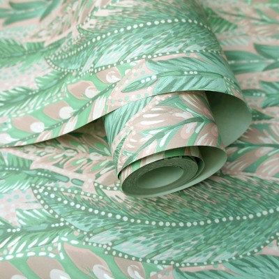 Papel de parede folhas verdes, rosa e prata 91301