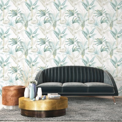 Papel pintado flamencos dorados hojas verde agua decoración tropical 155 2