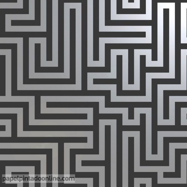 papel pintado moderno, lineas geométricas plateadas fondo negro , dibujo de laberinto, decoración elegante
