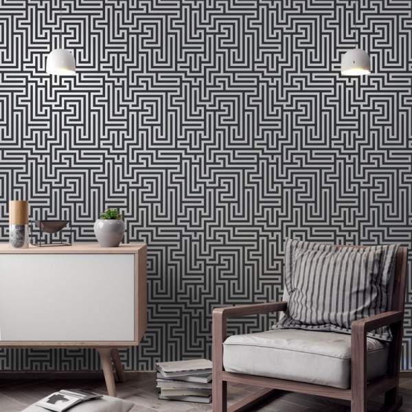 papel de parede moderno, fundo preto de linhas geométricas prateadas, padrão de labirinto, decoração elegante