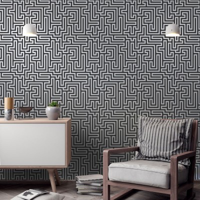 papel de parede moderno, fundo preto de linhas geométricas prateadas, padrão de labirinto, decoração elegante