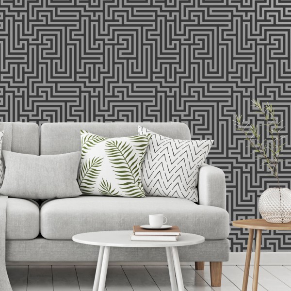 papel de parede moderno, fundo preto de linhas geométricas prateadas, padrão de labirinto, decoração elegante