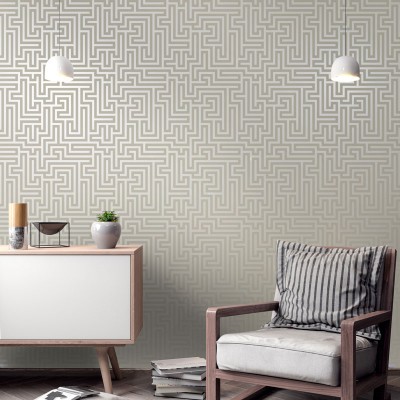 papel de parede moderno, fundo bege de linhas geométricas prateadas, padrão de labirinto, decoração elegante 2