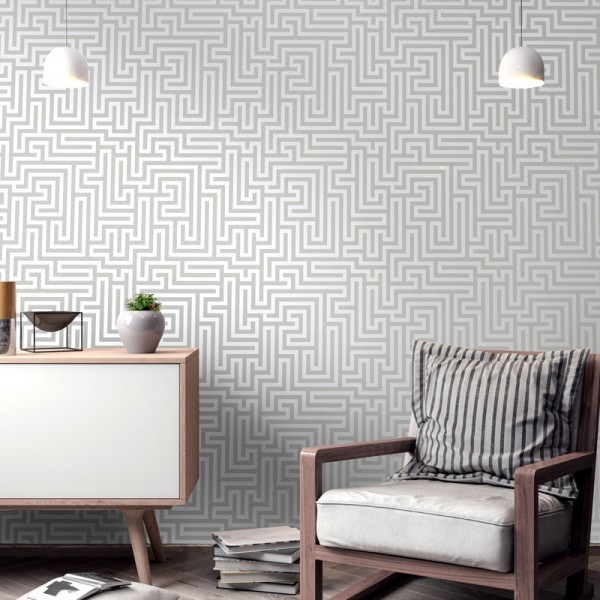 papel de parede moderno, fundo cinza de linhas geométricas prateadas, padrão de labirinto, decoração elegante
