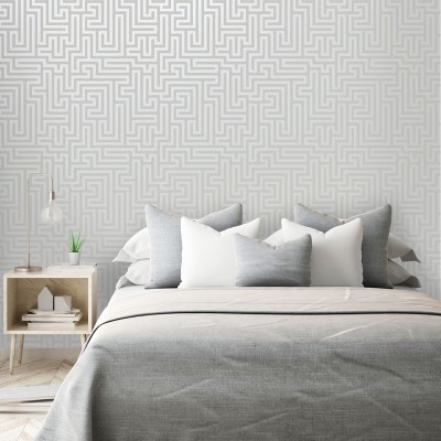 papel de parede moderno, fundo cinza de linhas geométricas prateadas, padrão de labirinto, decoração elegante