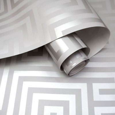 papel de parede moderno, fundo cinza de linhas geométricas prateadas, padrão de labirinto, decoração elegante