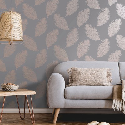 papel pintado plumas elegantes rosa gold fondo gris 2