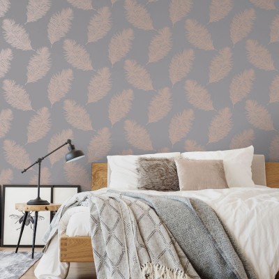 papel pintado plumas elegantes rosa gold fondo gris