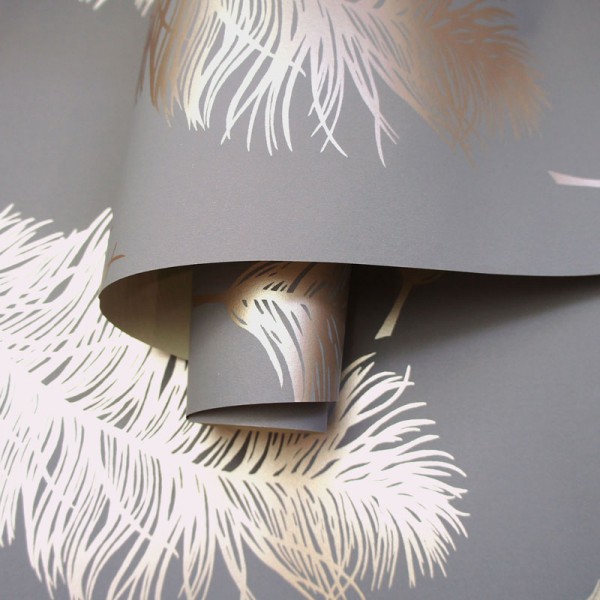papel pintado plumas elegantes rosa gold fondo gris