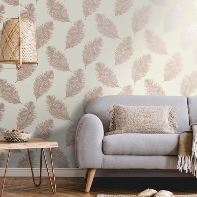 papel pintado plumas elegantes rosa gold fondo crema 2