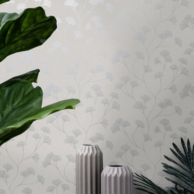 papel de parede flores em cor prata decoração elegante fundo cinza