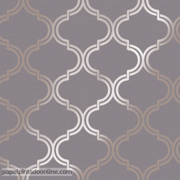 Papel de parede geométrico de arabescos dourados com cinza elegante