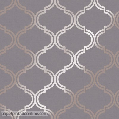 Papel de parede geométrico de arabescos dourados com cinza elegante