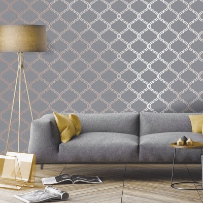 Papel de parede geométrico de arabescos dourados com cinza elegante
