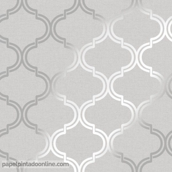 Papel de parede geométrico arabescos prateados com fundo cinza