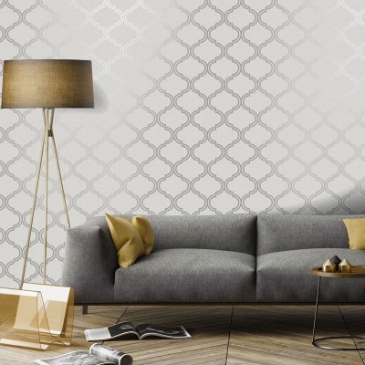 Papel de parede geométrico arabescos prateados com fundo cinza