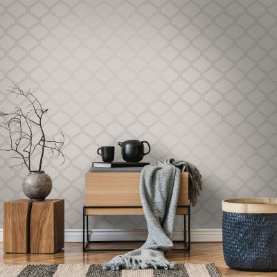 Papel de parede geométrico arabescos prateados com fundo cinza