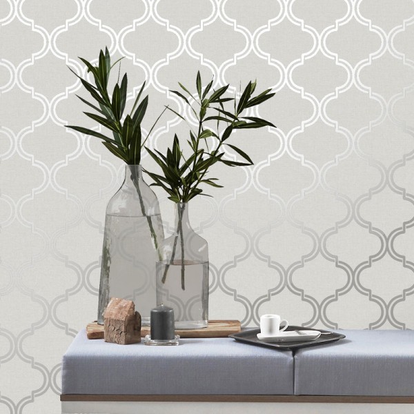 papel pintado geométrico arabesco plateado fondo gris