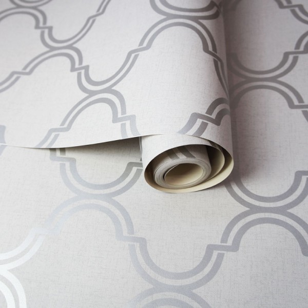 Papel de parede geométrico arabescos prateados com fundo cinza