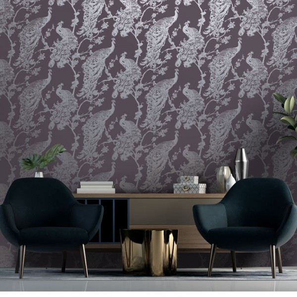 papel de parede pavões dourados fundo roxo