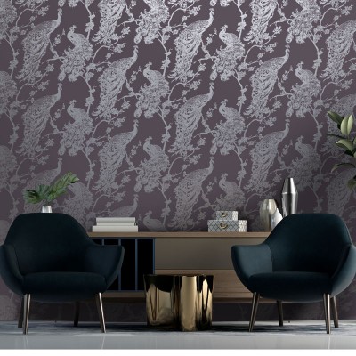 papel de parede pavões dourados fundo roxo