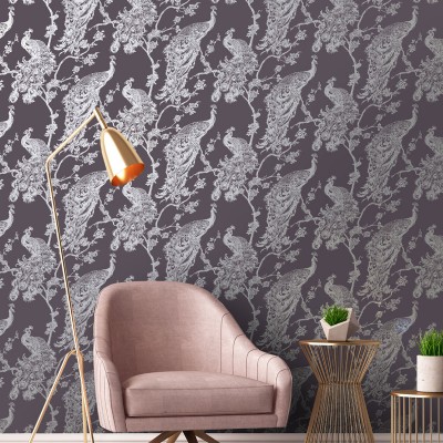 papel de parede pavões dourados fundo roxo