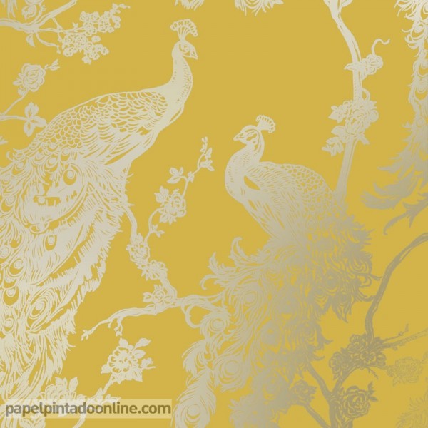 papel pintado con pavos reales plateados fondo amarillo intenso decoración elegante de pared