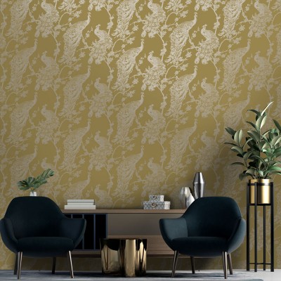 papel de parede com pavões prateados fundo amarelo 2