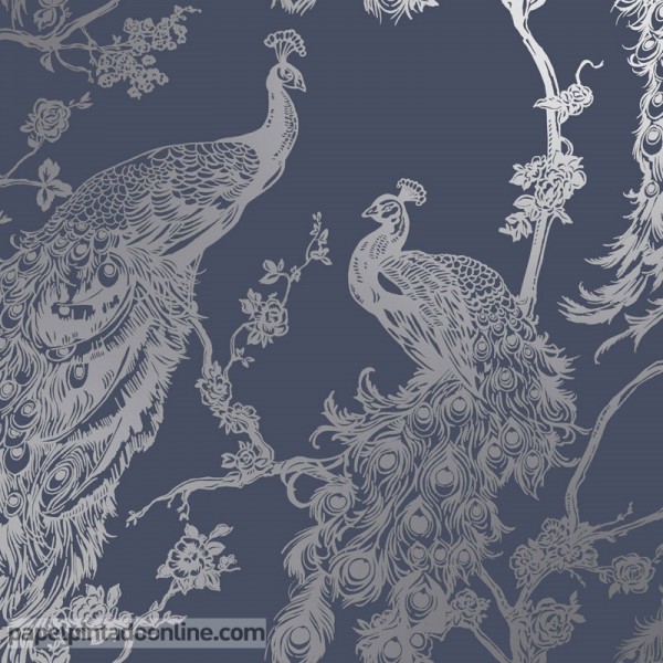 papel pintado con pavos reales plateados fondo azul marino elegante
