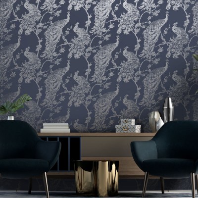 paper pintat amb paons platejats elegants, fons blau marí