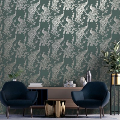 papel pintado pavos reales dorados fondo color verde 2