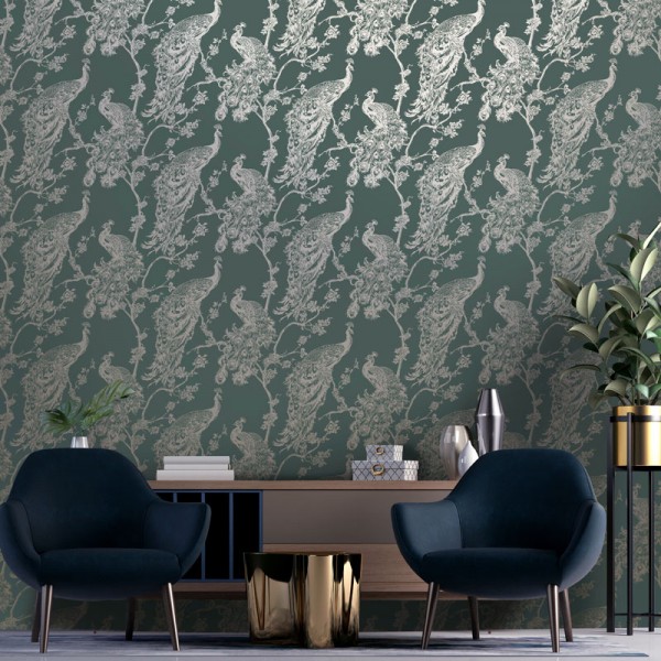 papel de parede pavões dourado fundo verde papel de parede pavões dourado fundo verde