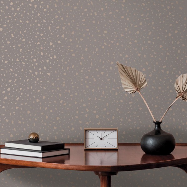 papel pintado imitación terrazo dorado y gris