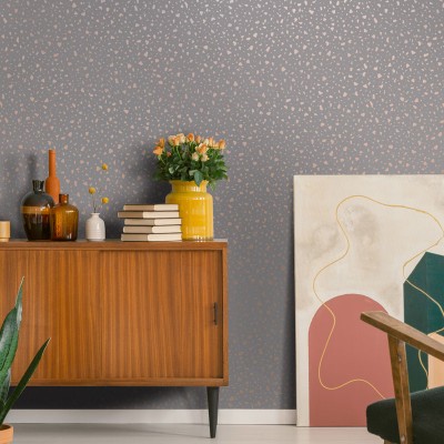 papel pintado imitación terrazo dorado y gris