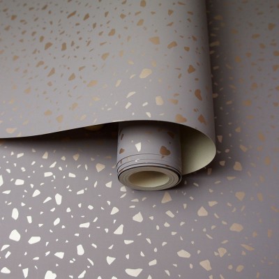 papel pintado imitación terrazo dorado y gris